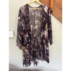 Vintage 100%silk SheerFloral KimonoPurple artsy watercolorAbstract Duster luxury